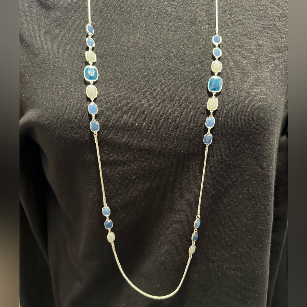 Nine West Long Beaded Pendant Necklace Blue and Silver NWTS